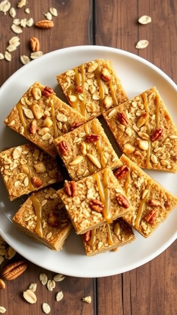 Nutty oat bars on a plate, topped with nuts and honey, on a rustic wooden table.